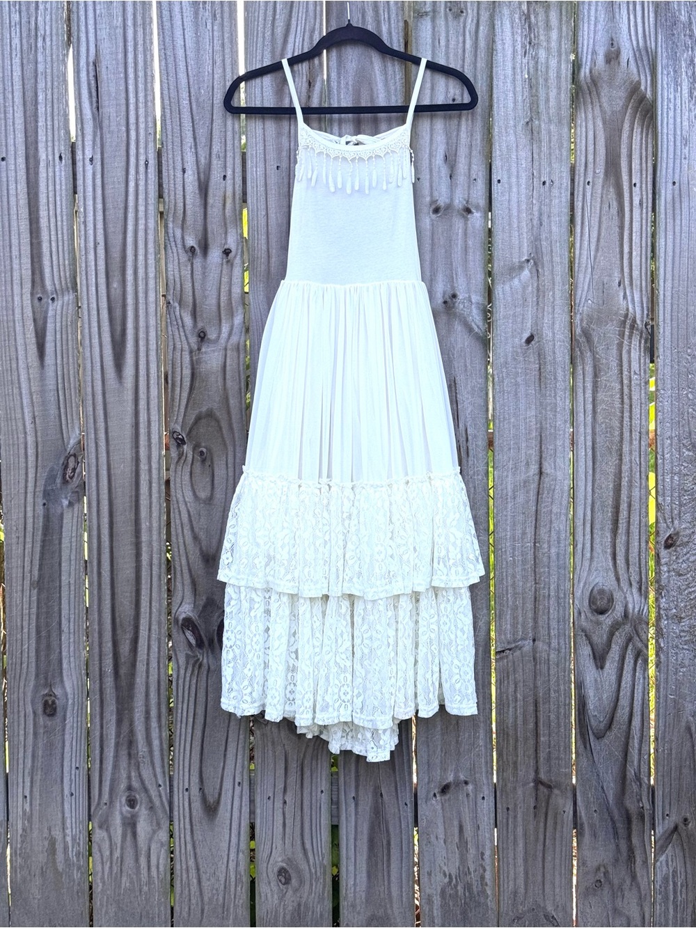 Girl's boho coastal summer tiered lace maxi dress with fringe and open back 14